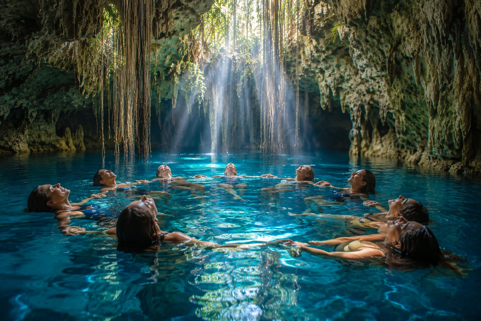 Women floating together in a cenote