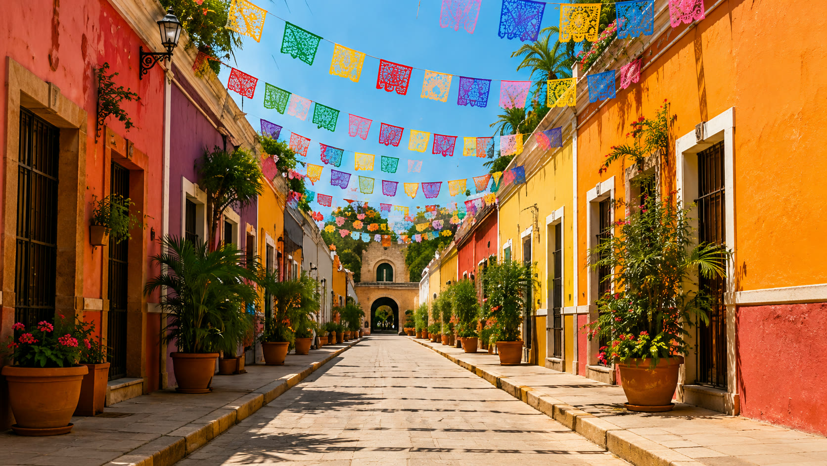 Papel picado over a colourful street