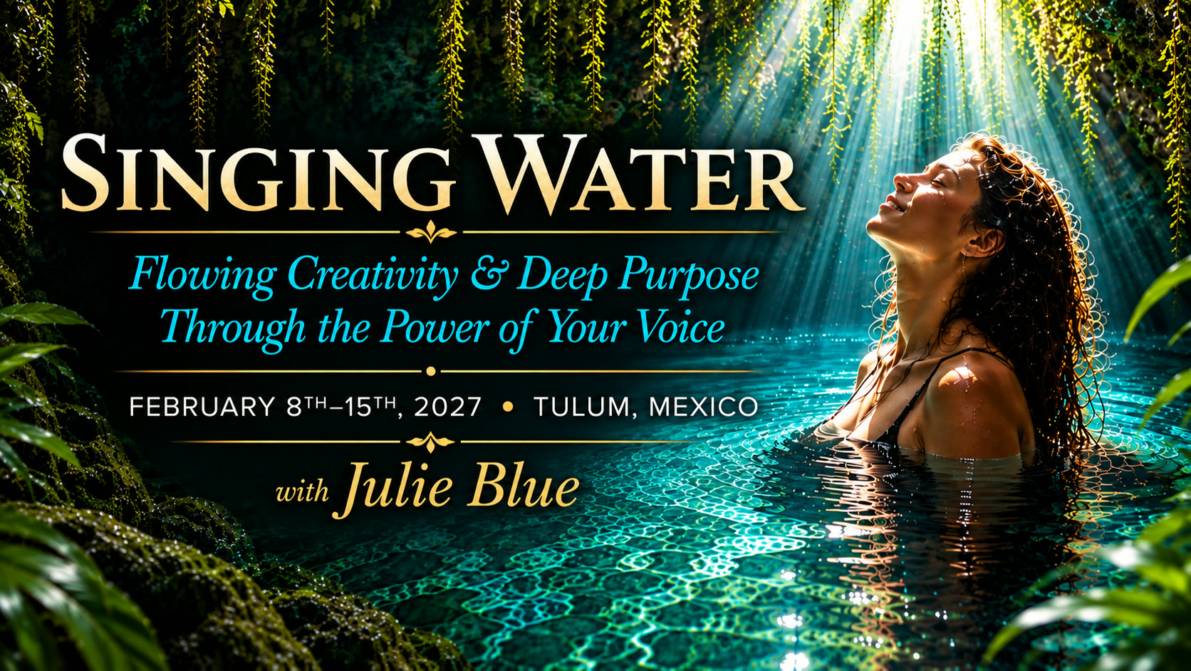 A woman floating in a light-filled cenote